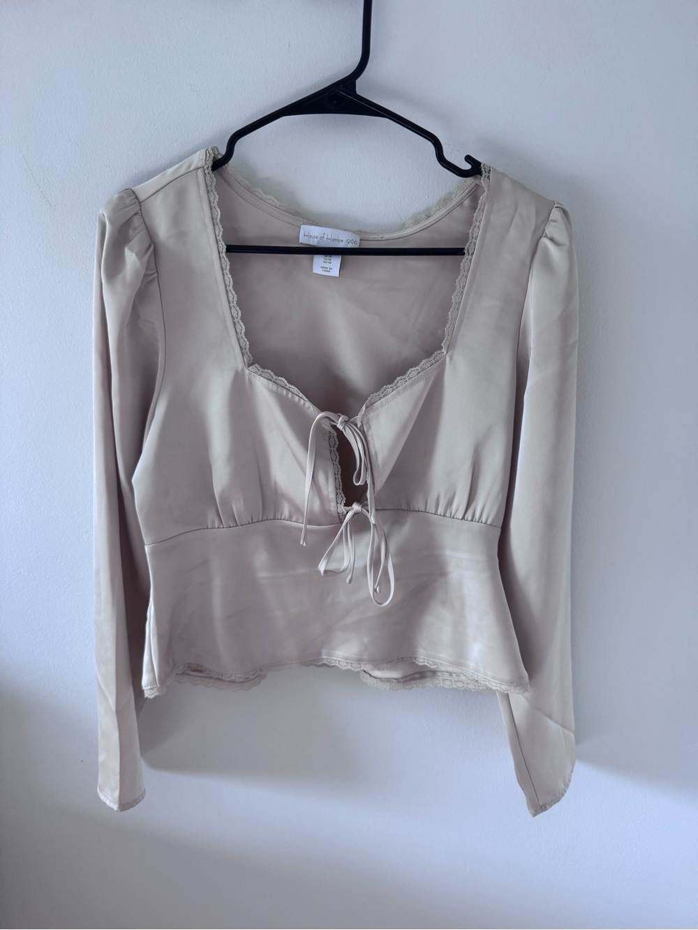 House of Harlow 1960 Cream Satin Tie-Front Long Sleeve Top